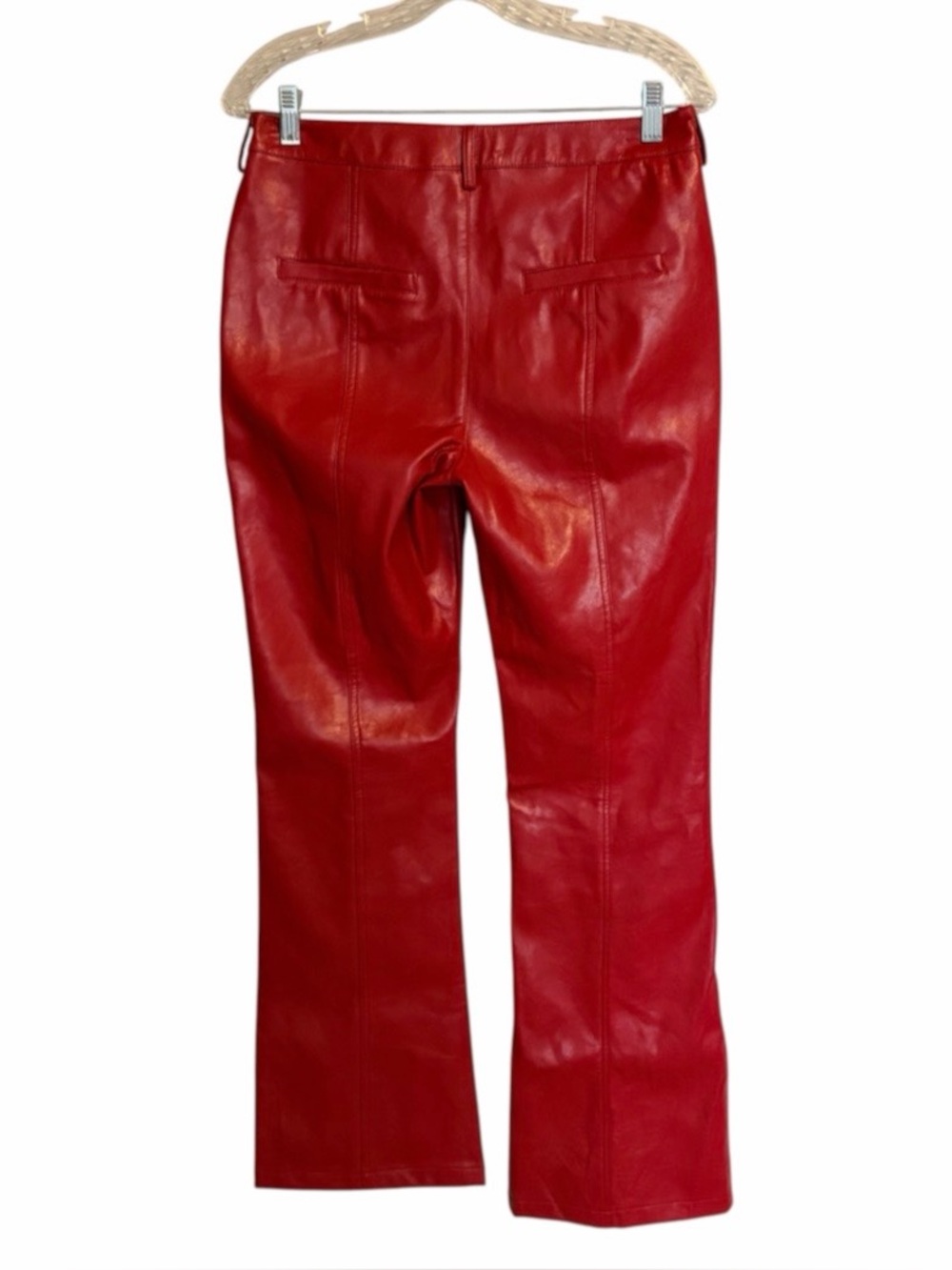 dELiAs by Dolls Kill Red Faux Leather Pants Size M Mid Rise Boot Cut Y2K PU - Picture 4 of 6